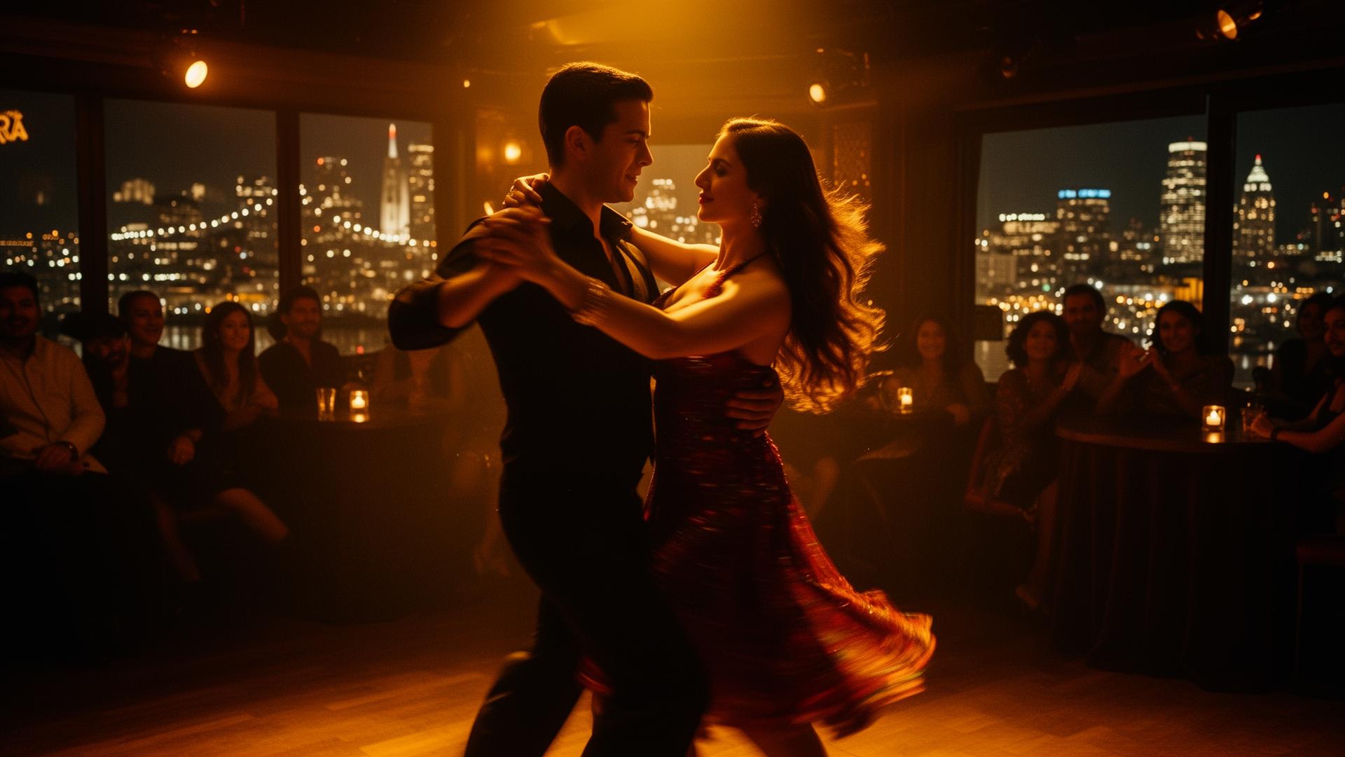 Salsa dancing couple in San Francisco nightclub