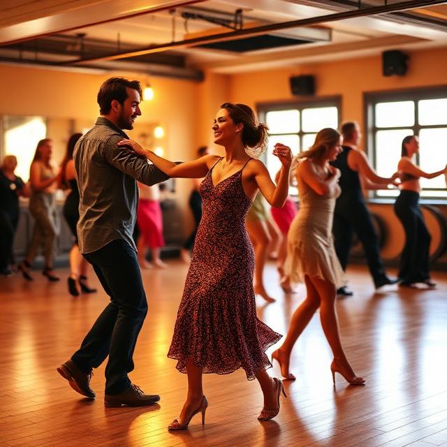 Salsa dance class with couples dancing